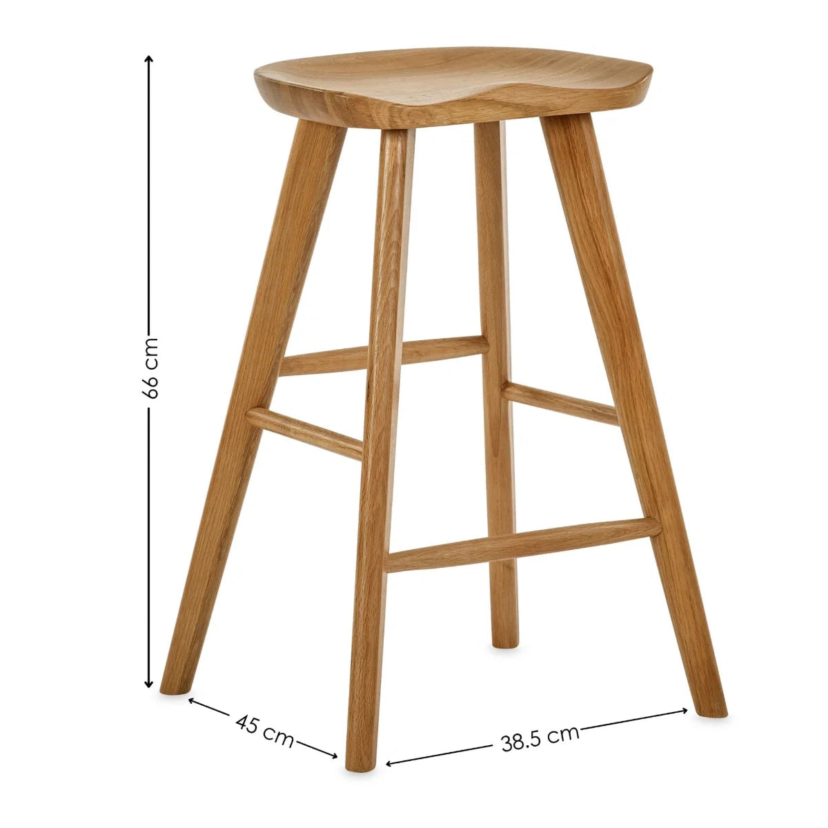 	Mulu natural oak bar stool with saddle seat in a modern kitchen setting