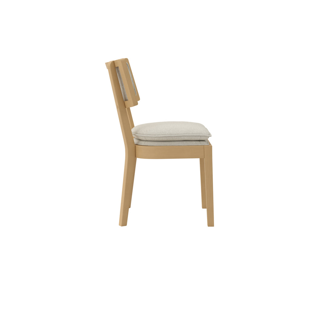 LPD Furniture Maggie frost woven fabric dining chair with umber wood frame in a modern dining setting