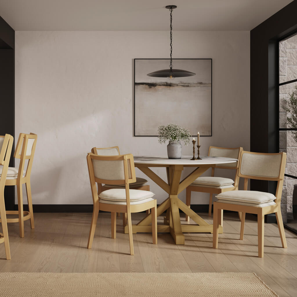 LPD Furniture Maggie frost woven fabric dining chair with umber wood frame in a modern dining setting
