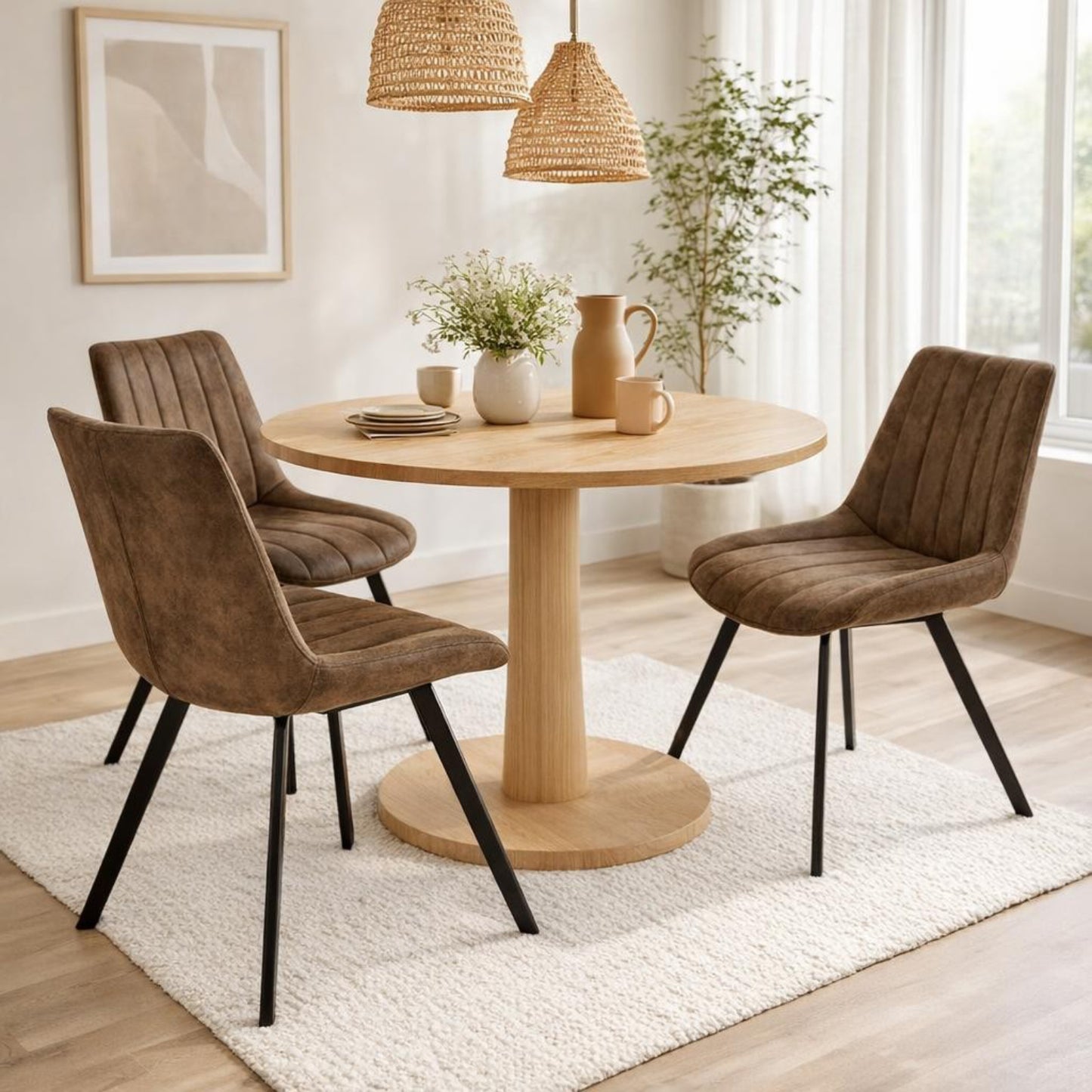 	Malmo coffee dining chair with channel-stitched backrest and black metal legs, placed in a modern dining setting