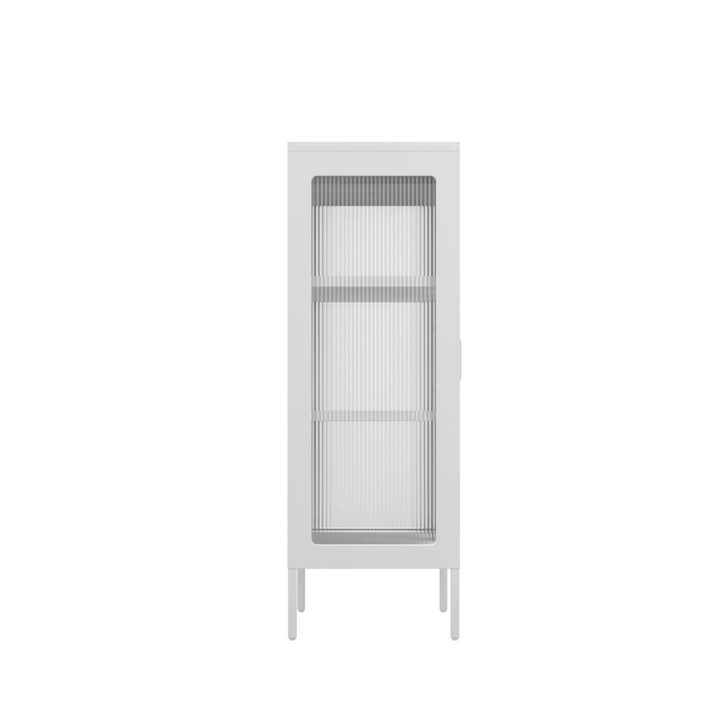 LPD Furniture Marsh matte white steel cabinet with reeded glass panels in a modern interior setting