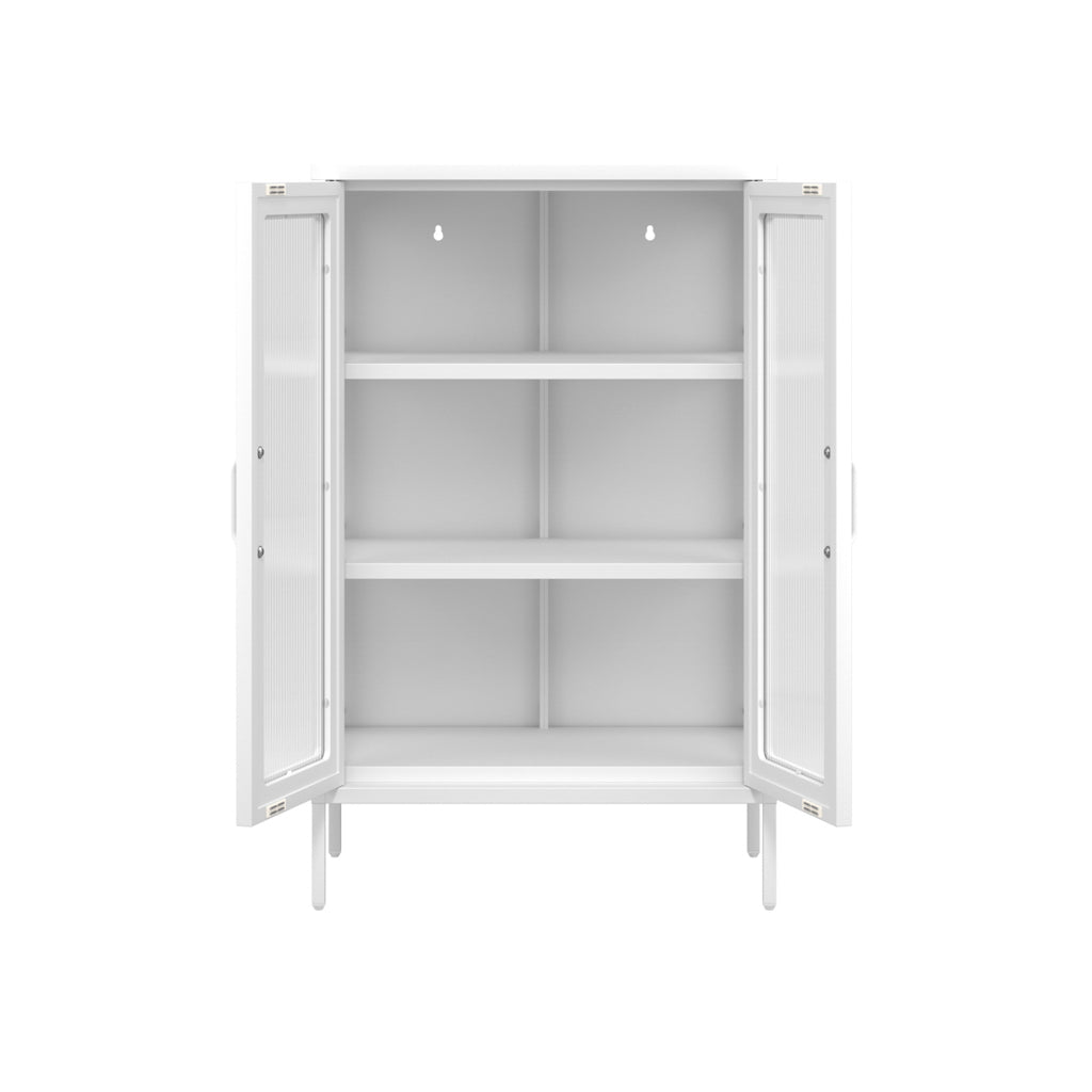 LPD Furniture Marsh matte white steel cabinet with reeded glass panels in a modern interior setting