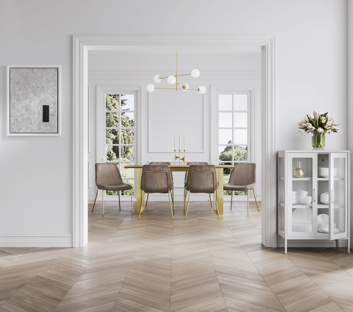 LPD Furniture Marsh matte white steel cabinet with reeded glass panels in a modern interior setting