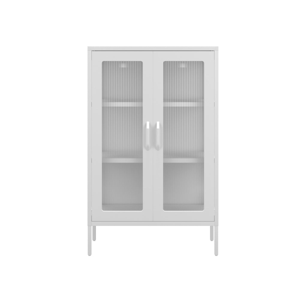 LPD Furniture Marsh matte white steel cabinet with reeded glass panels in a modern interior setting