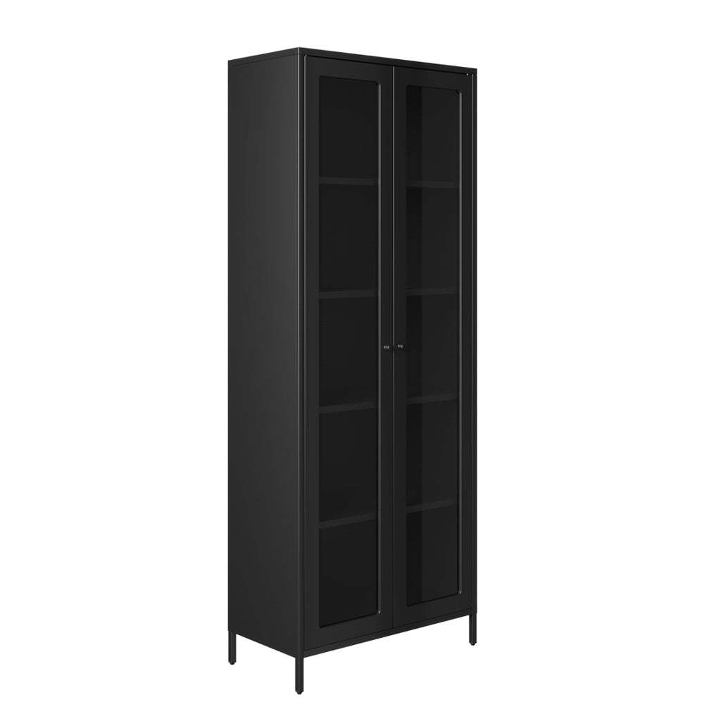 LPD Furniture Mase matte black steel display cabinet with clear glass panels