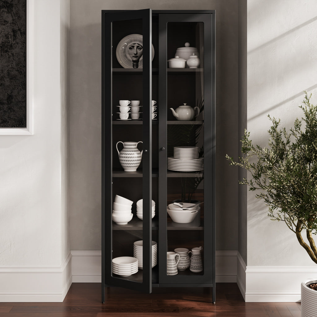 LPD Furniture Mase matte black steel display cabinet with clear glass panels