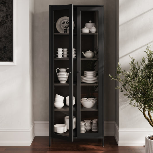 LPD Furniture Mase matte black steel display cabinet with clear glass panels