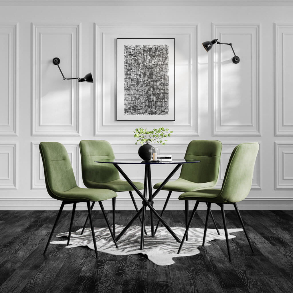 LPD Furniture Maxi moss green corduroy dining chair with black metal legs in a modern dining setting