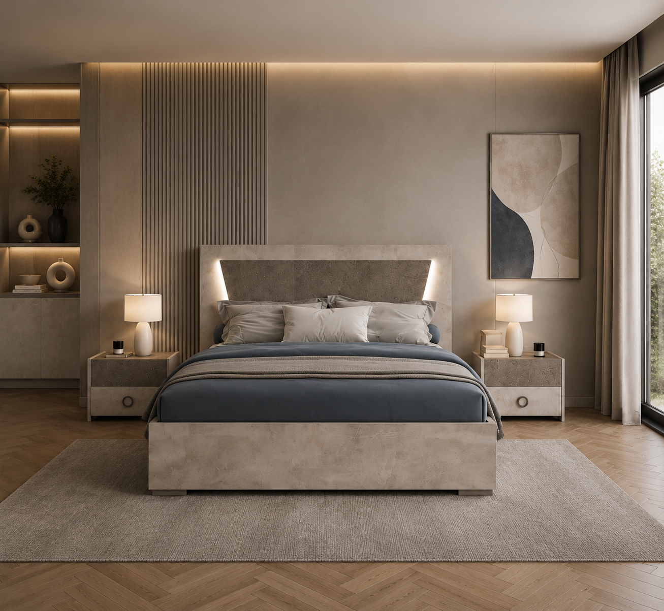 Modern LED double bed – Italian craftsmanship, 140x190 cm, sleek headboard with warm LED glow for contemporary bedrooms
