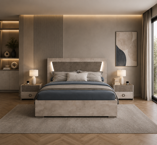 Modern LED double bed – Italian craftsmanship, 140x190 cm, sleek headboard with warm LED glow for contemporary bedrooms