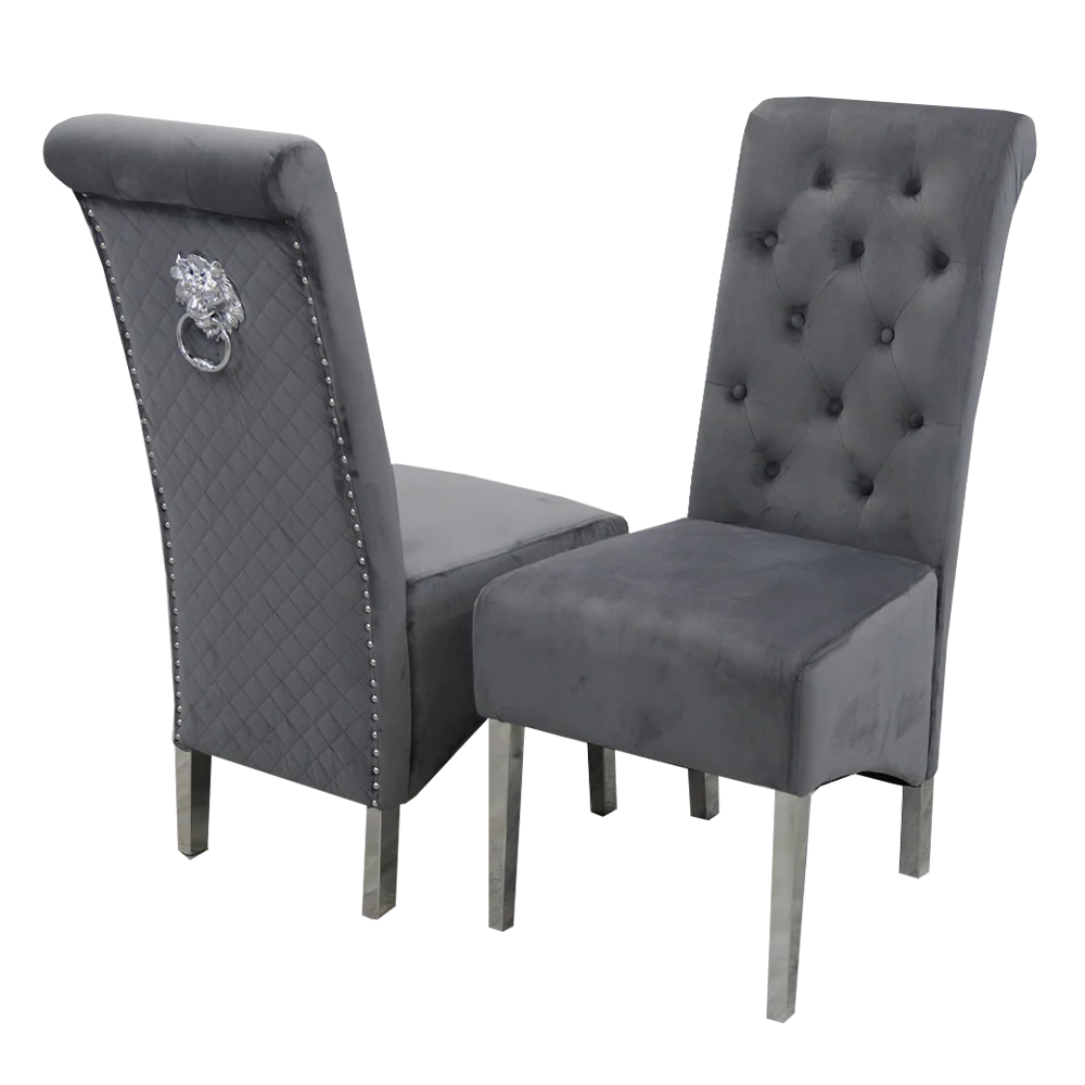 Furnish365 Emma velvet dining chair with scroll top and chrome lion knocker in an elegant dining setting