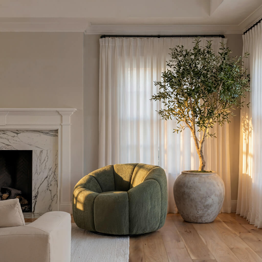 LPD Furniture Nao basil boucle swivel chair with 70s inspired design in a modern living room setting
