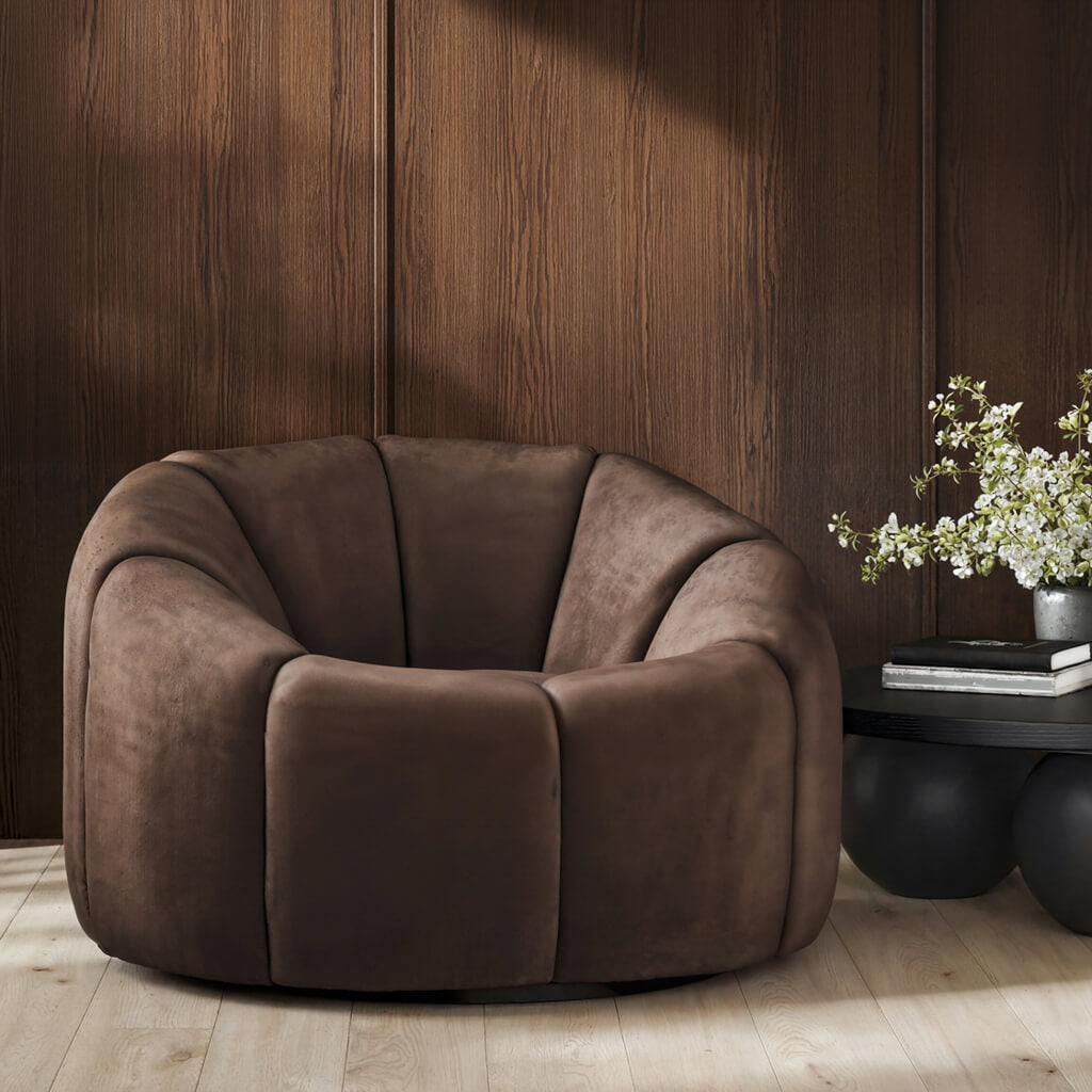 LPD Furniture Nao basil boucle swivel chair with 70s inspired design in a modern living room setting
