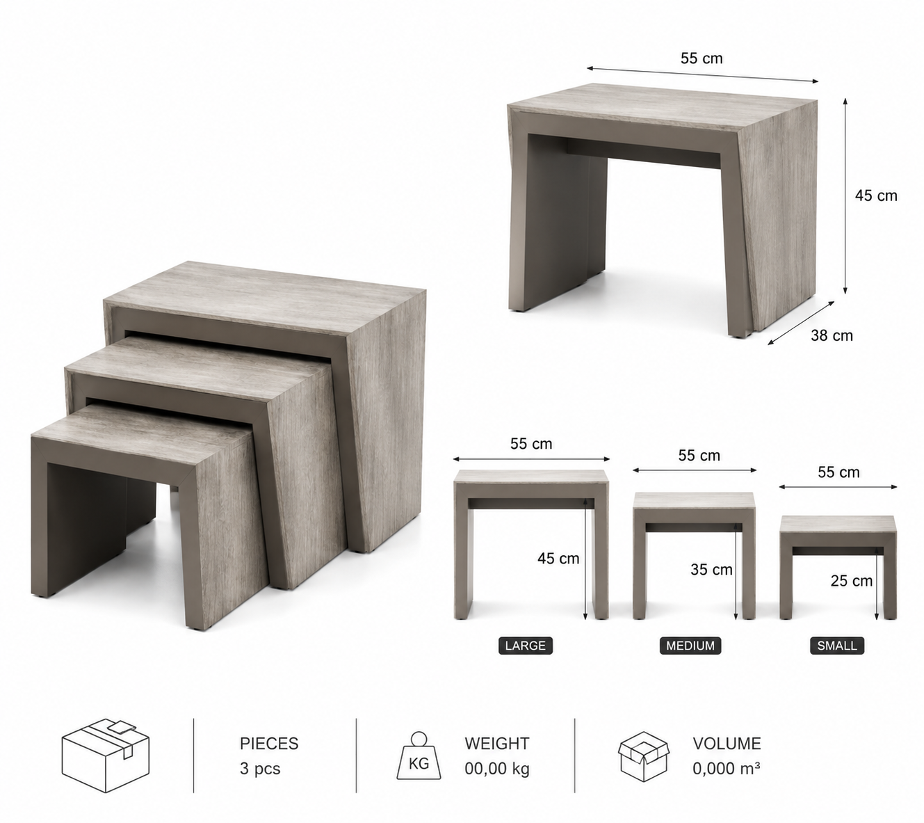 Nest of 3 Italian tables – space‑saving design, stackable or separate use

