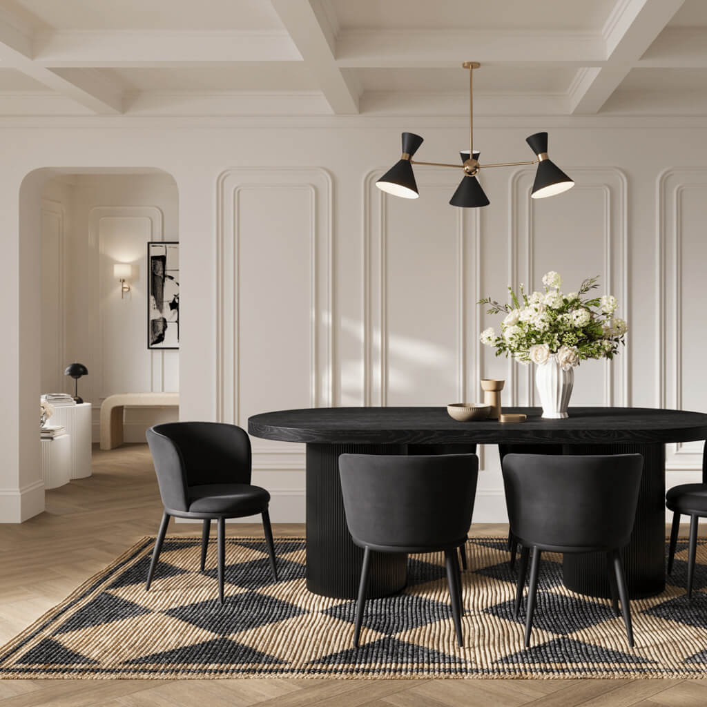 LPD Furniture Nova black velvet dining chair with angular metal legs in a modern dining setting