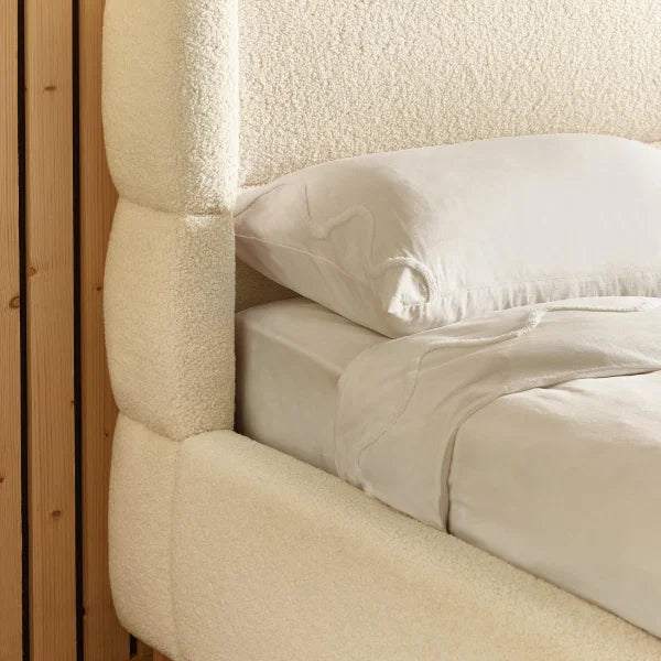 Oberon Bed – Cream Boucle – Curved Padded Headboard with Soft-Touch Boucle Fabric