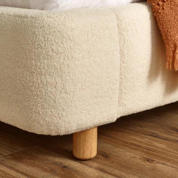 Oberon Bed – Cream Boucle – Curved Padded Headboard with Soft-Touch Boucle Fabric