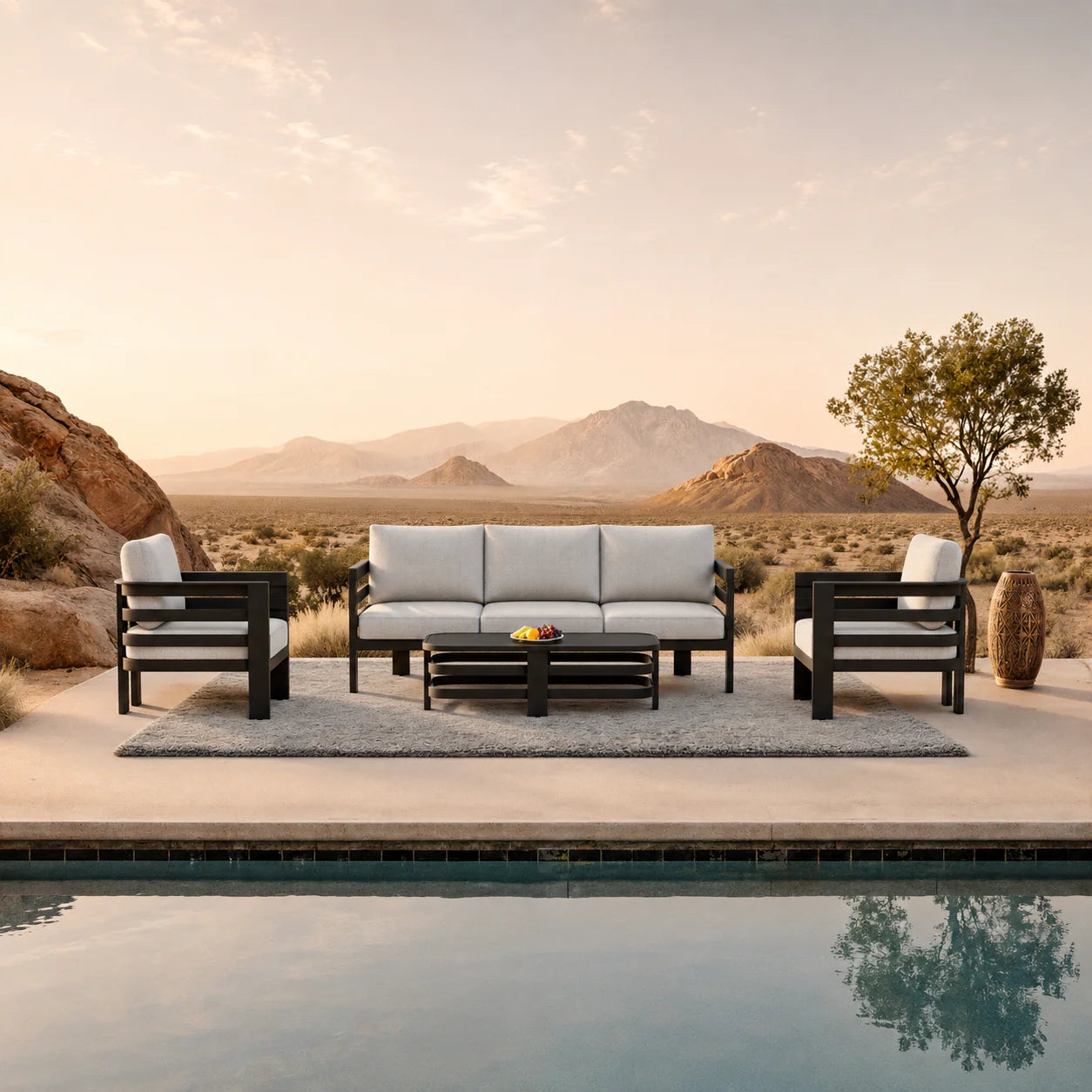 Furnish365 Andros 5 seater outdoor lounge set with aluminium frame and sintered stone table in a modern garden setting