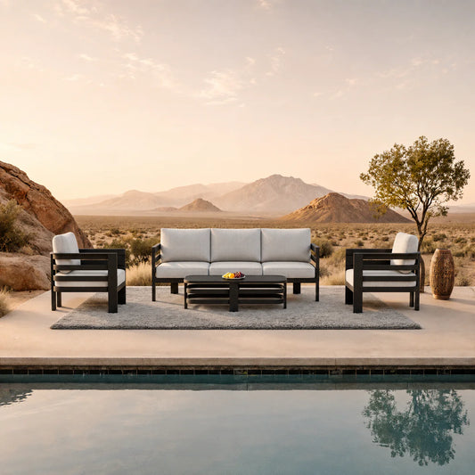 Furnish365 Andros 5 seater outdoor lounge set with aluminium frame and sintered stone table in a modern garden setting