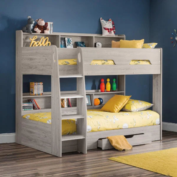 Orion grey oak bunk bed with integrated shelving and storage drawer in a modern kids bedroom setting