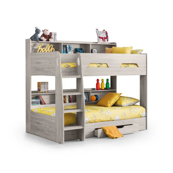 Orion grey oak bunk bed with integrated shelving and storage drawer in a modern kids bedroom setting