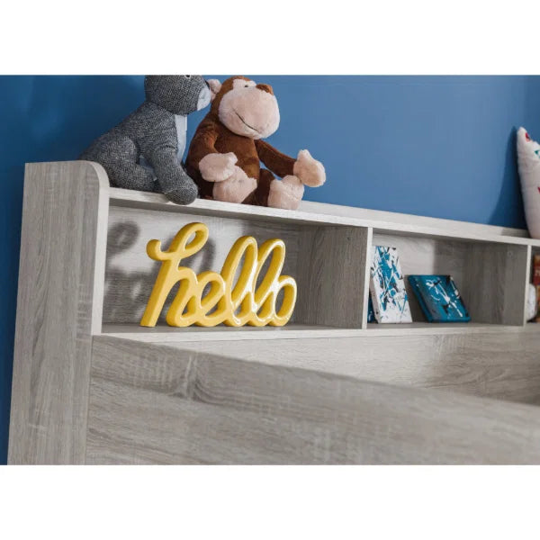 Orion grey oak bunk bed with integrated shelving and storage drawer in a modern kids bedroom setting