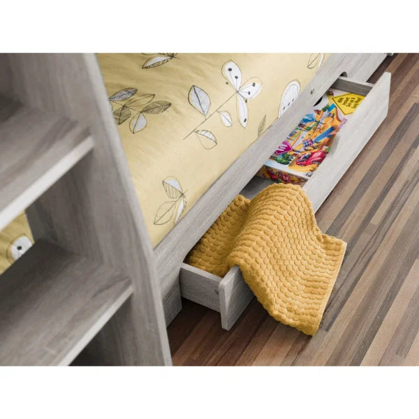 Orion grey oak bunk bed with integrated shelving and storage drawer in a modern kids bedroom setting