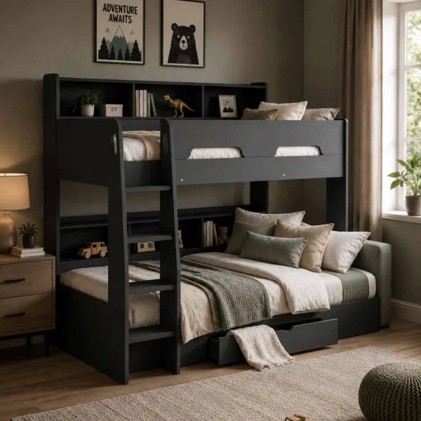 Orion grey oak bunk bed with integrated shelving and storage drawer in a modern kids bedroom setting