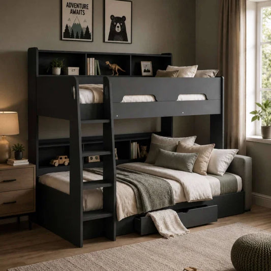 Orion grey oak bunk bed with integrated shelving and storage drawer in a modern kids bedroom setting