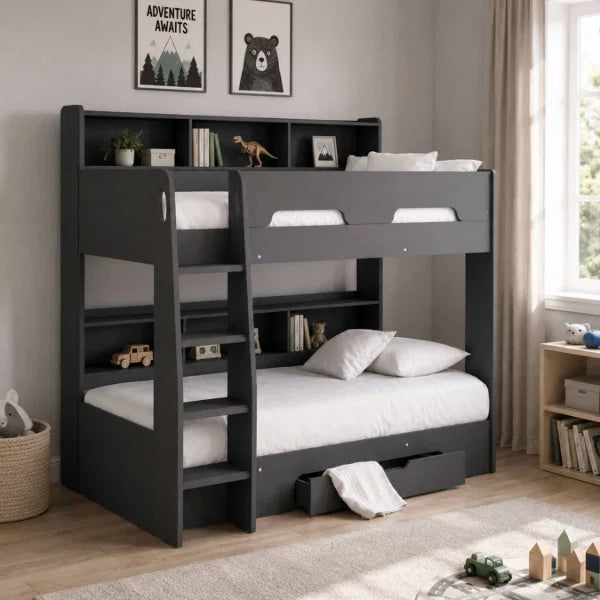 Orion Grey Oak Bunk Bed – Integrated Shelving & Storage Drawer | Julian Bowen