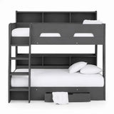 Orion grey oak bunk bed with integrated shelving and storage drawer in a modern kids bedroom setting