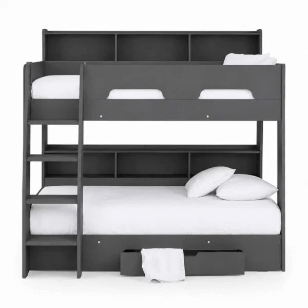 Orion grey oak bunk bed with integrated shelving and storage drawer in a modern kids bedroom setting