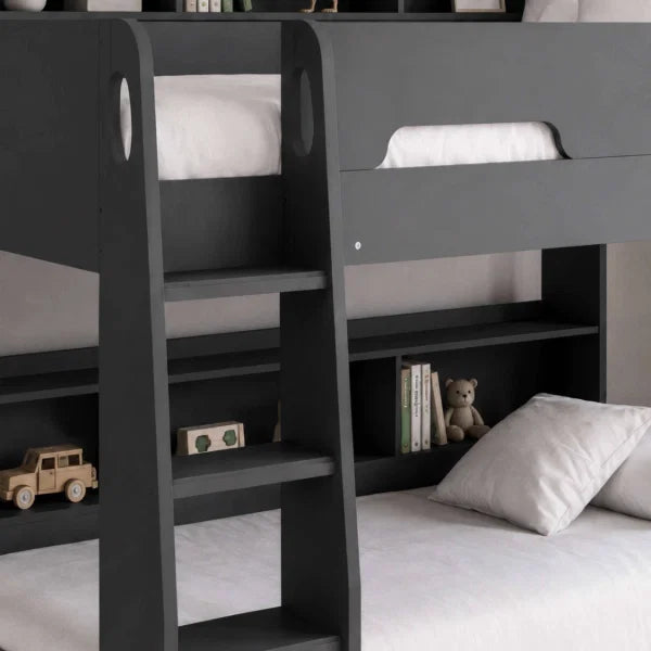 Orion grey oak bunk bed with integrated shelving and storage drawer in a modern kids bedroom setting