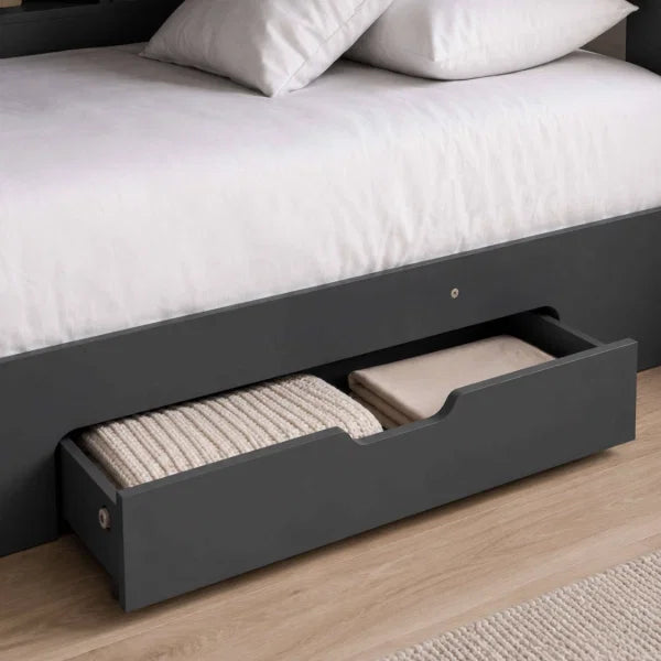 Orion grey oak bunk bed with integrated shelving and storage drawer in a modern kids bedroom setting