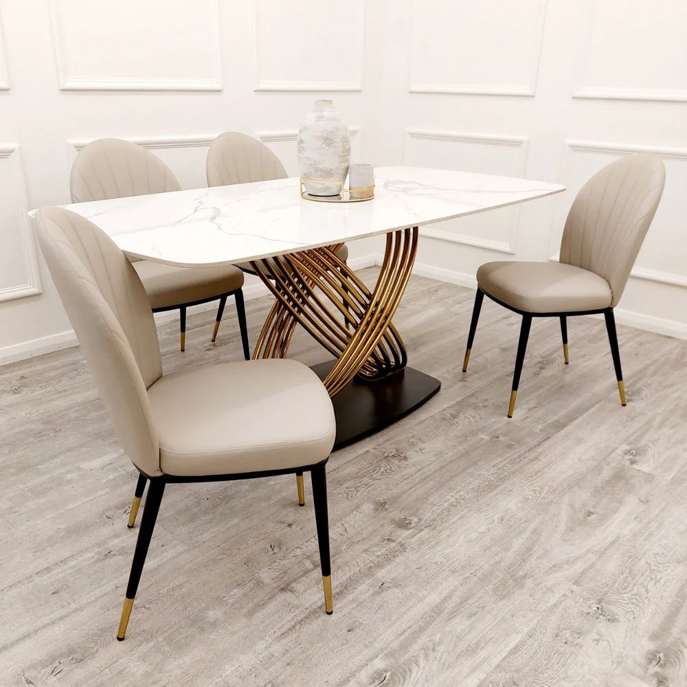 Furnish365 Orion gold and black dining table with polar white sintered stone top in a contemporary dining room setting