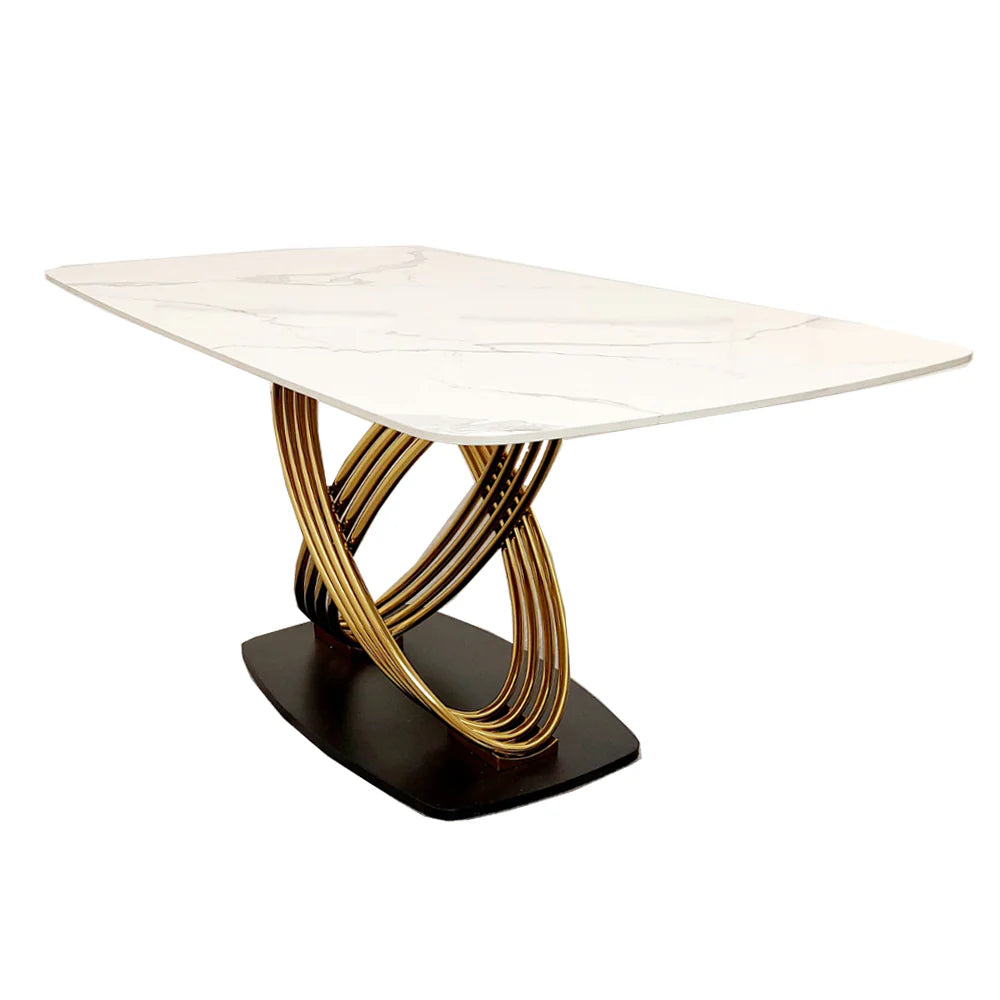 Furnish365 Orion gold and black dining table with polar white sintered stone top in a contemporary dining room setting