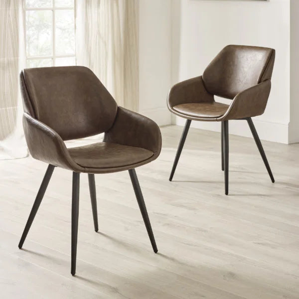 Parker Set of 2 Upholstered Dining Chairs – Brown Faux Leather – Vintage Style (Pre-order – May)