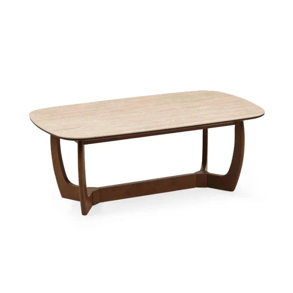 Portland marble top coffee table with sculptural walnut base in a modern living room setting