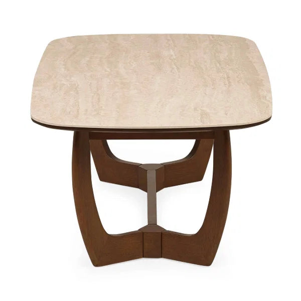 Portland marble top coffee table with sculptural walnut base in a modern living room setting