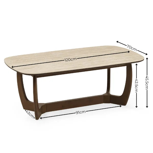 Portland marble top coffee table with sculptural walnut base in a modern living room setting