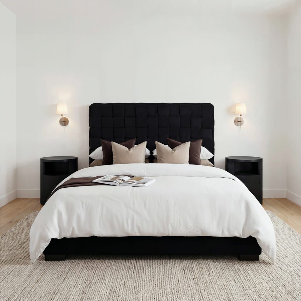 LPD Furniture Pasadena black upholstered bed in a modern bedroom setting