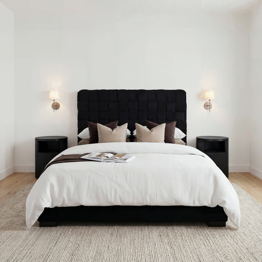 LPD Furniture Pasadena black upholstered bed in a modern bedroom setting