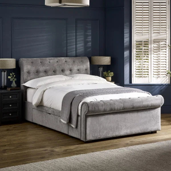 Ravello grey chenille double bed with deep buttoned headboard in a modern bedroom setting