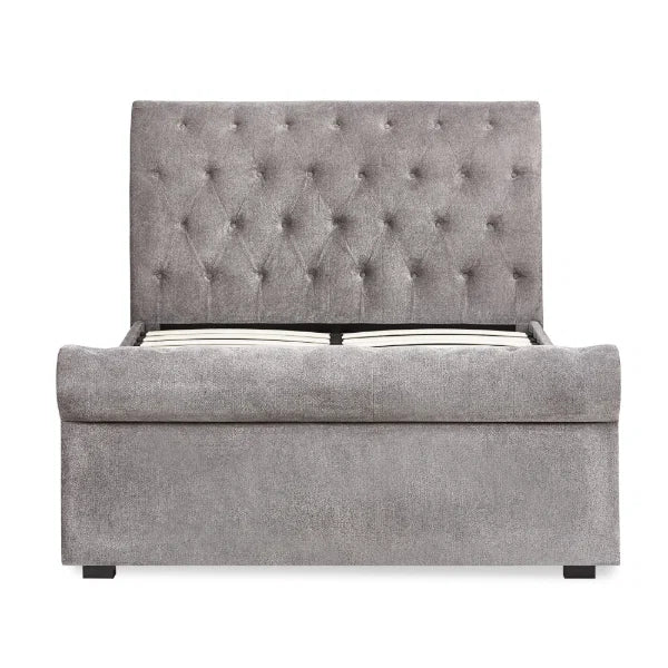 Ravello grey chenille double bed with deep buttoned headboard in a modern bedroom setting