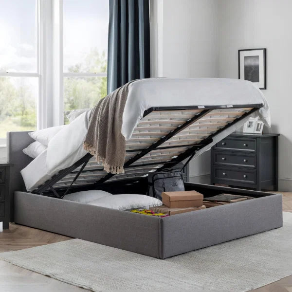 Rialto Lift-Up Storage Bed – Light Grey Linen – Gas-Powered Ottoman with Sprung Slatted Base