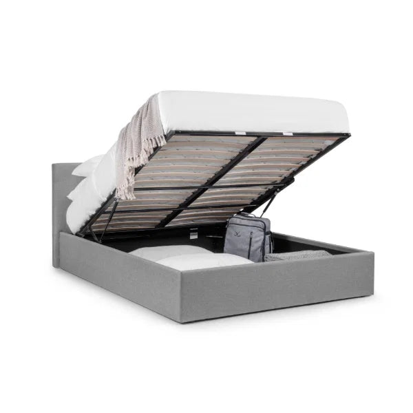 Rialto Lift-Up Storage Bed – Light Grey Linen – Gas-Powered Ottoman with Sprung Slatted Base