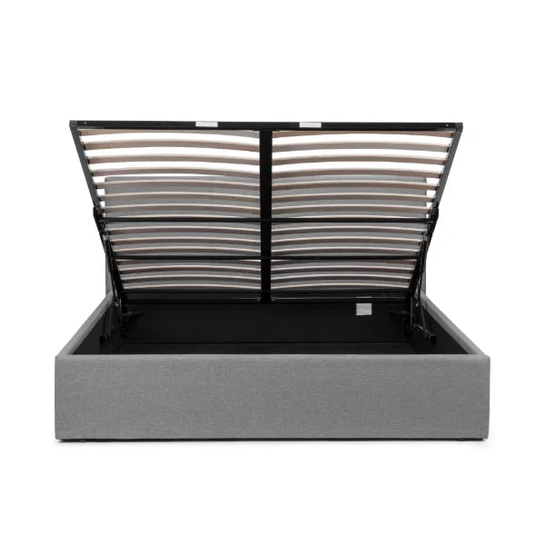 Rialto Lift-Up Storage Bed – Light Grey Linen – Gas-Powered Ottoman with Sprung Slatted Base