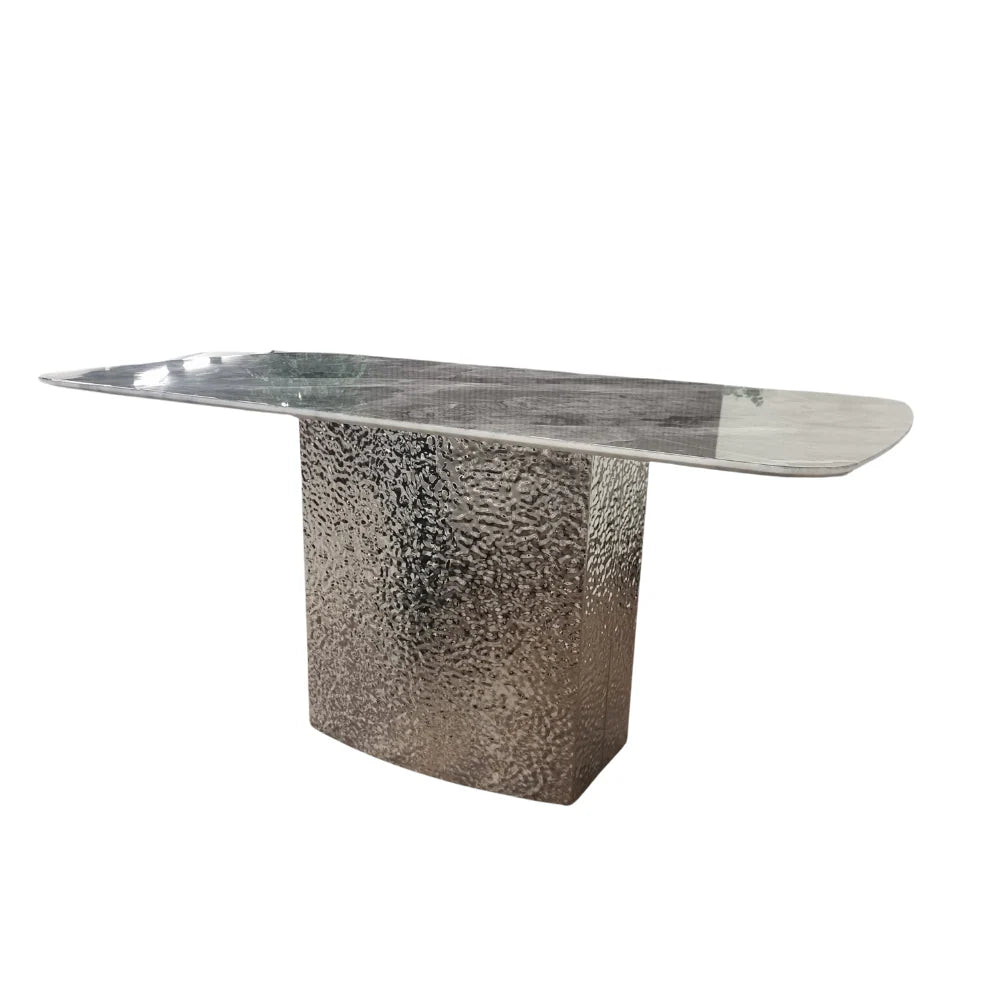 Furnish365 Roma marble dining table with hammered metal base in a contemporary dining room setting