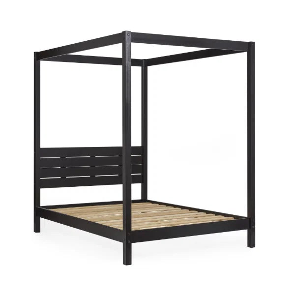 Roxanne black canopy bed with tall open four-poster frame in a modern bedroom setting