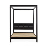 Roxanne black canopy bed with tall open four-poster frame in a modern bedroom setting